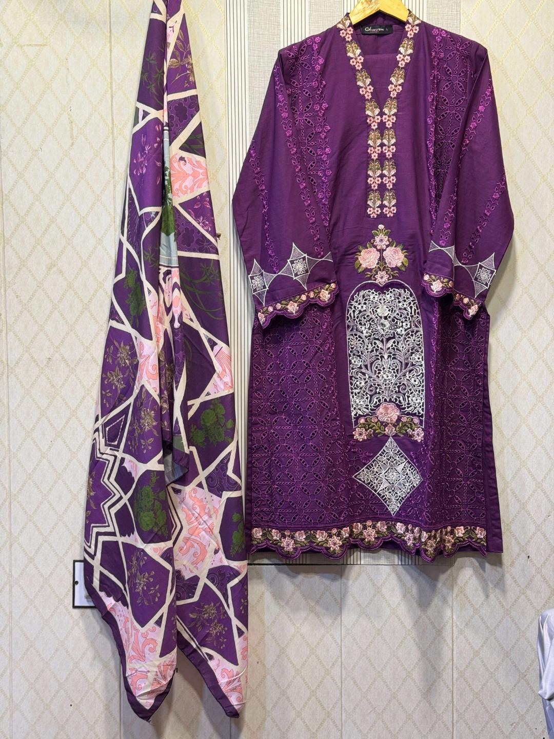 Purple Embroidered Cutwork Suit - Image 3
