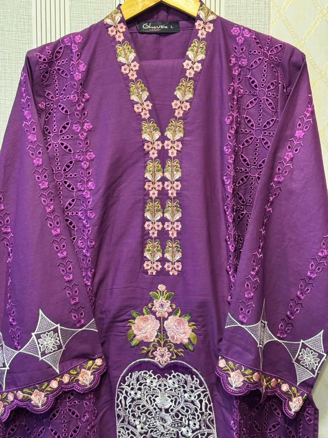 Purple Embroidered Cutwork Suit